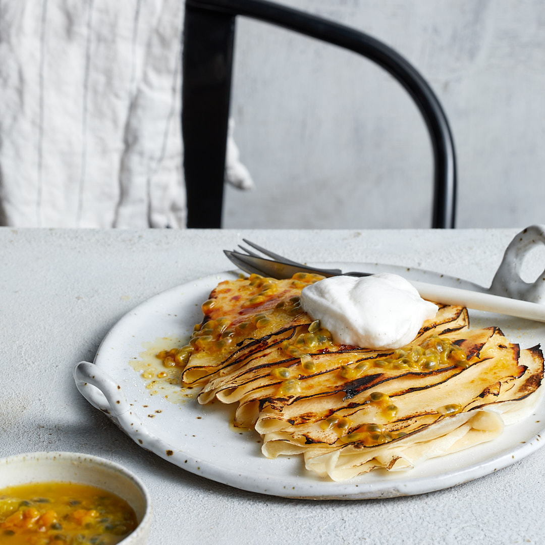 Grapeseed Oil Brûlée Crepes with Passionfruit and Lime Coconut Yoghurt